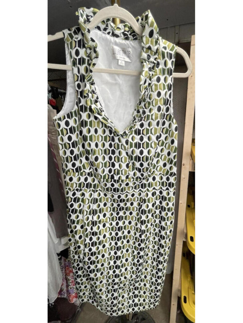 Julian Taylor Dress Womens Dress Sz 16 Green Black Geometric Shift Ruffle Neck